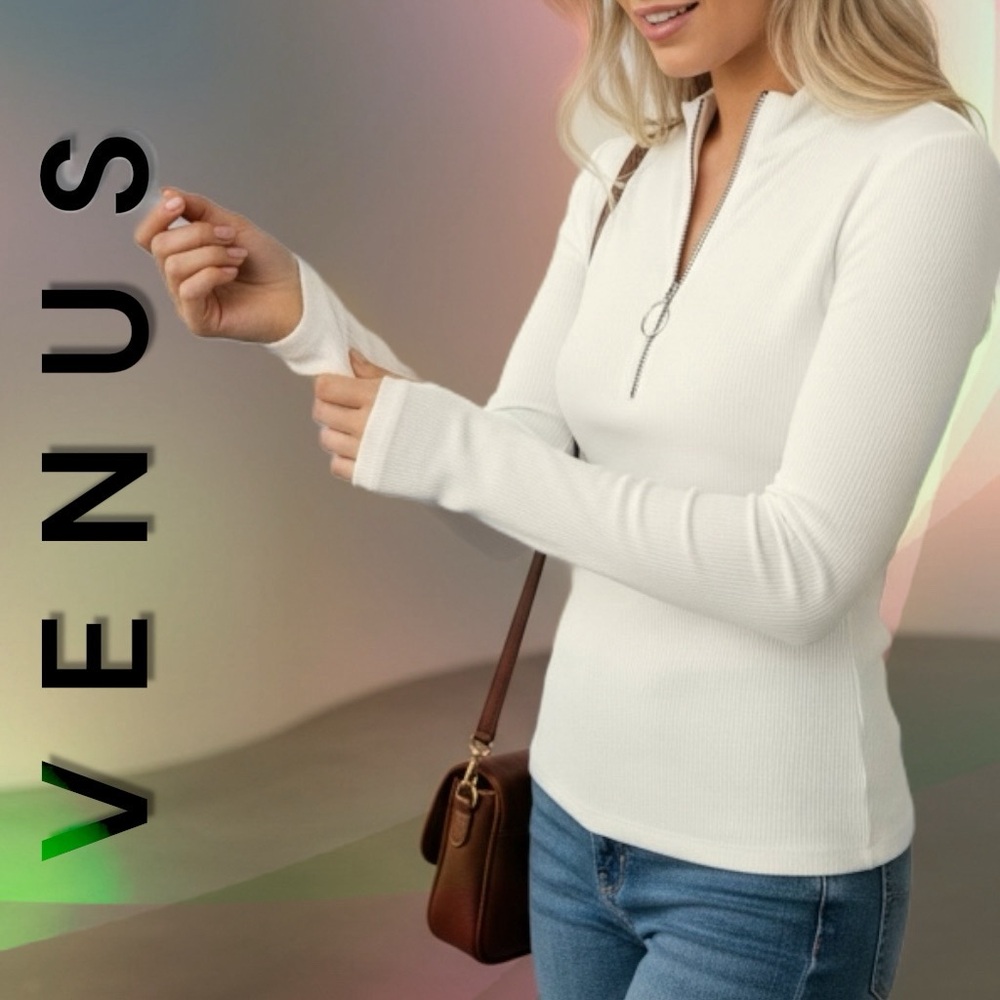VENUS Cream Zip-Up Long Sleeved Shirt M